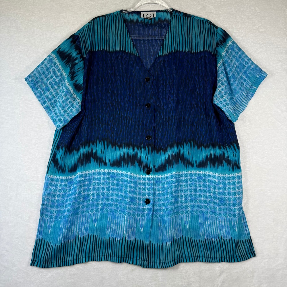 I-C-I Blue Abstract Ikat Geometric Print Button Front Blouse Plus Size 1X